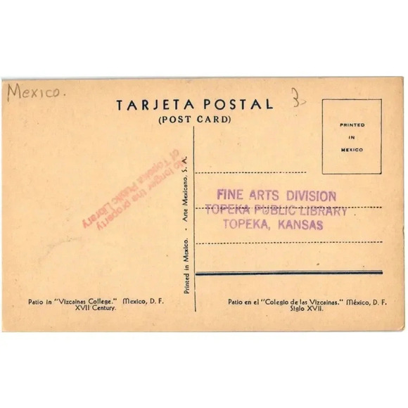 Patio in Vizcainas College Mexico D.F. XVII Century Postcard - Picture 2 of 2